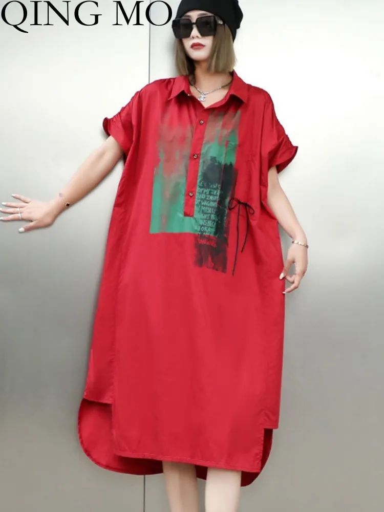 

QING MO Extra Large Size Women Irregular Shirt Dress Medium Length 2023 Summer New Short Sleeve Loose Dress Black Red ZXF3221