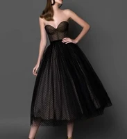 elegant black a line prom formal dress 2022 strapless tea length dot tulle evening party gown robe de soiree vestidos longo