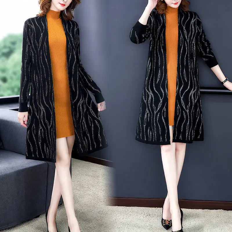

2022 Early Spring and Autumn Long Casual Cardigan Female Elegant Loose Knitted Women's Fashion Sweaters Ladies Clothing D08