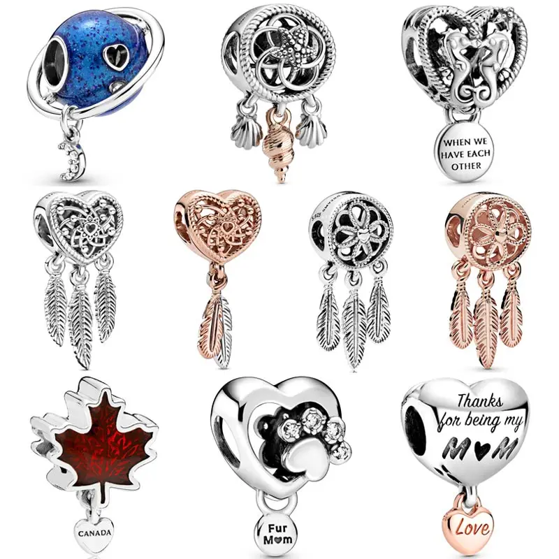 

Feathers Dreamcatcher Star Moon Earth Canada Maple Leaf Pendant Bead 925 Sterling Silver Charm Fit Europe Bracelet Diy Jewelry