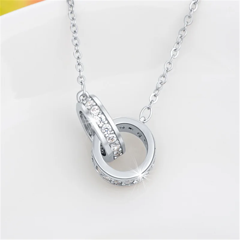 

Fashion 925 Sterling Silver Double Round Circle Diamond Clavicle Chain Necklaces For Women Sterling-Silver-Jewelry N285