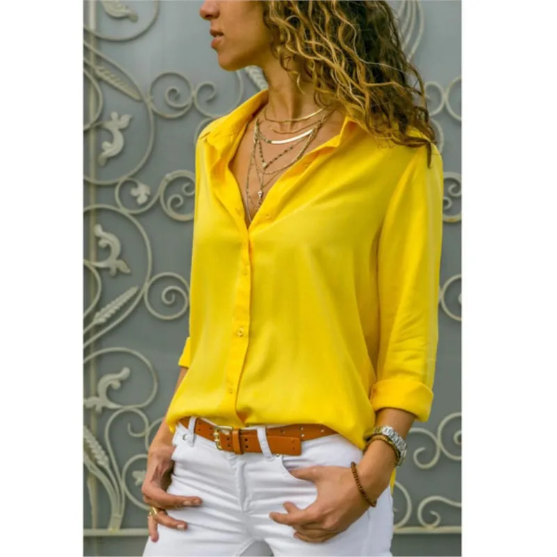 

Spring And Summer New Elegant Women's Yellow Sexy Deep V-neck Button Women's Long Sleeve Single Breasted Casual Fashion Shirt
