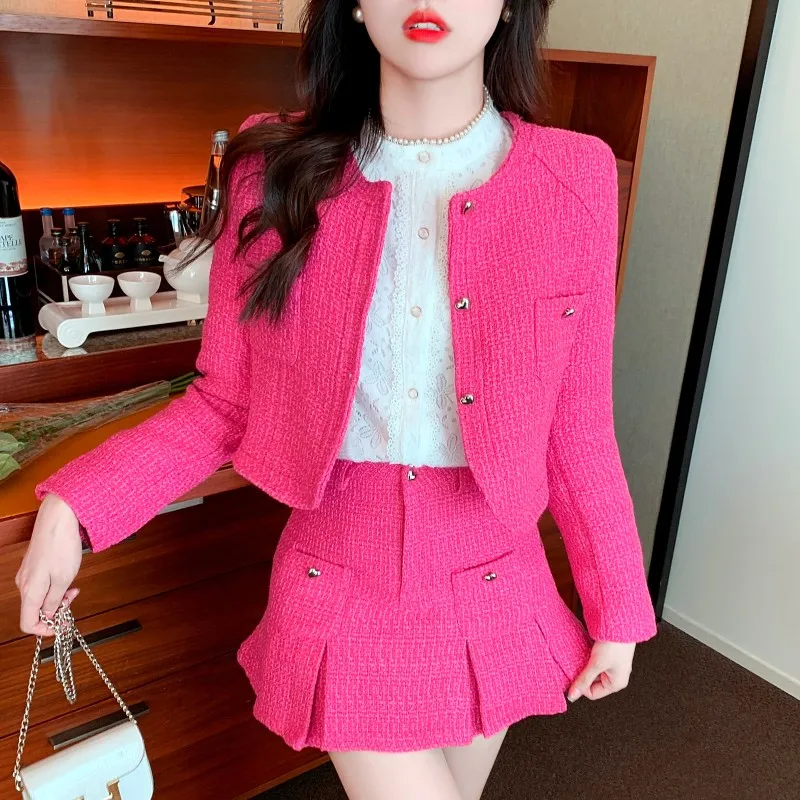 

Autumn Women Casual Clothing Two Piece Set Women Suits With Skirt Female Suit Red Tweed Long Sleeves Short Skirt Suits Blazer