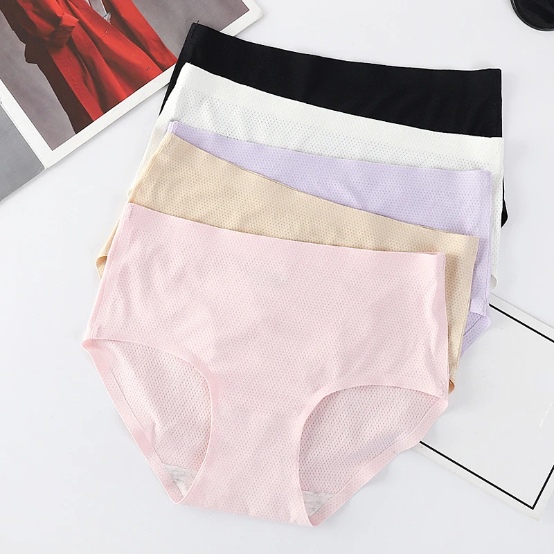 One-Piece Ice Silk Seamless Ladies Waist Solid Color Cotton Skin-Friendly Sexy Breathable Hole Briefs Underwear