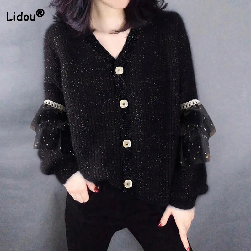 

Autumn Winter Women Clothing Korean V-Neck Gilding Long Sleeve All-match Button Black Net Yarn Knitted Open Stitch Slim Sweaters