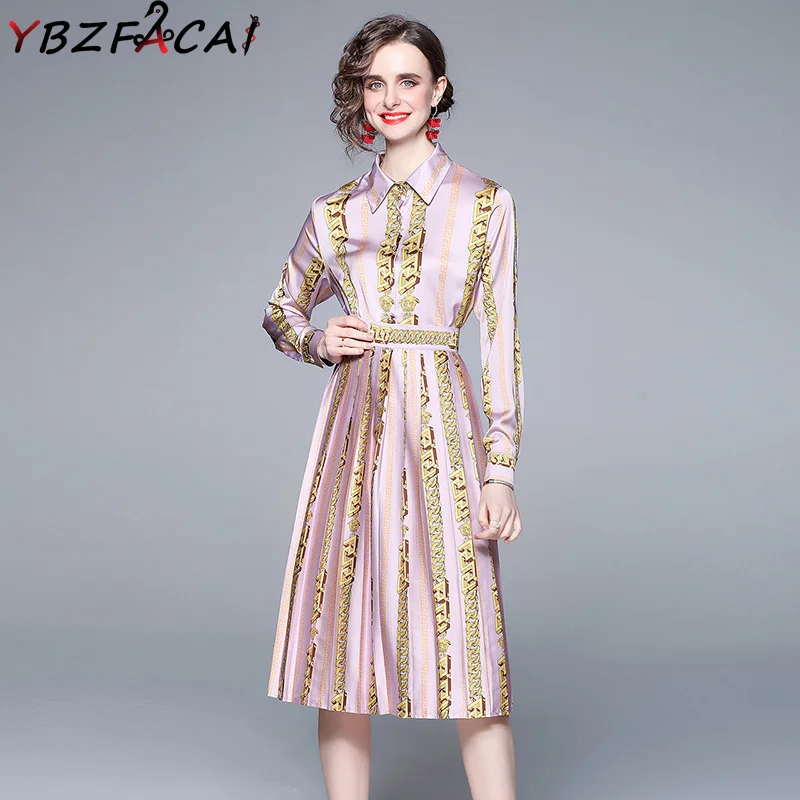Women Suit Skirt 2022 Spring Fall Retro Purple Chain Party Dress Lapel Long Sleeve Printed Shirt + High Waist Pleated Skirt Suit