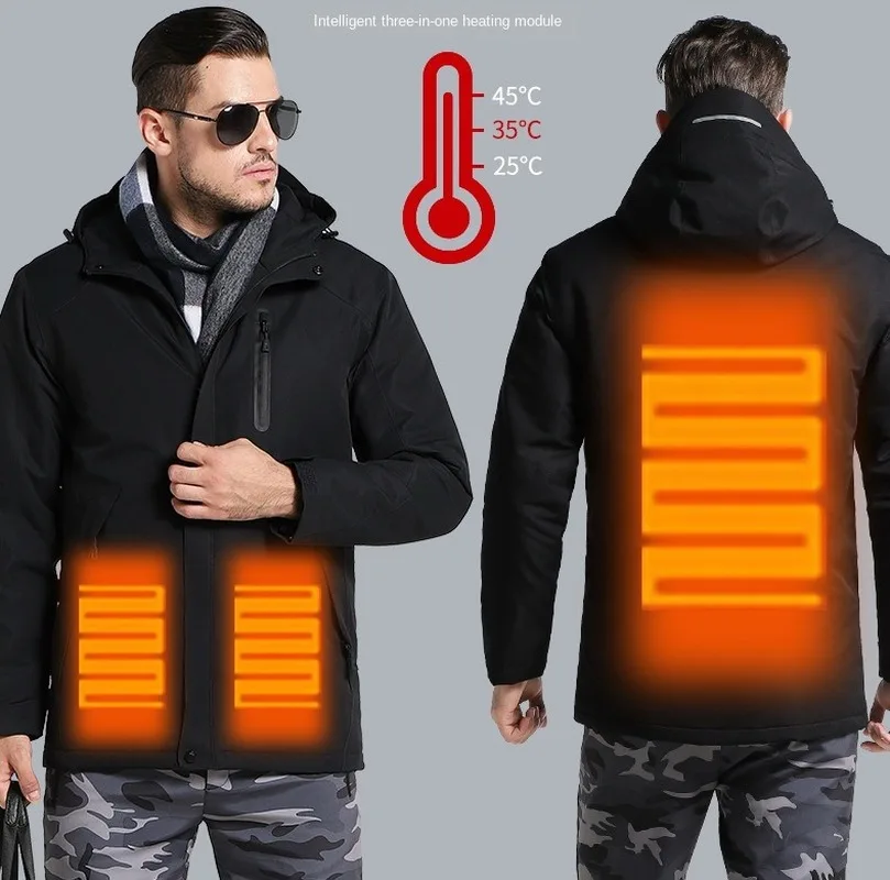 

Electric Heated Parka Men Windbreak Plus Velvet Thick Warm Windproof Fur Coats USB Electric Male Military Hooded Anorak Jackets