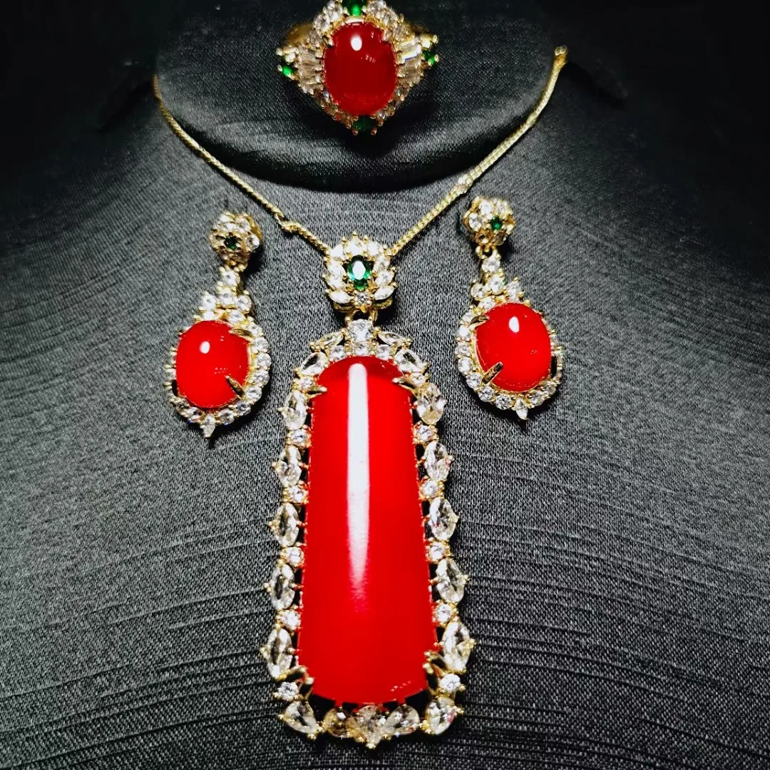 

Natural Red Jade Cylindrical Pendan Necklace With Zircon Emerald Carnelian Dangle Earrings And Rings Women Jades Jewellery Sets