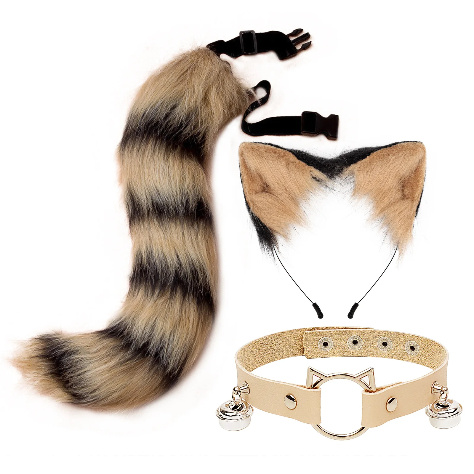 

Kawaii Handmade Furry Cat Ears and Tail Set Wolf Fox Hair Clip Faux Fur Tail Leather Cat Neck Choker Halloween Party Cosplay Set