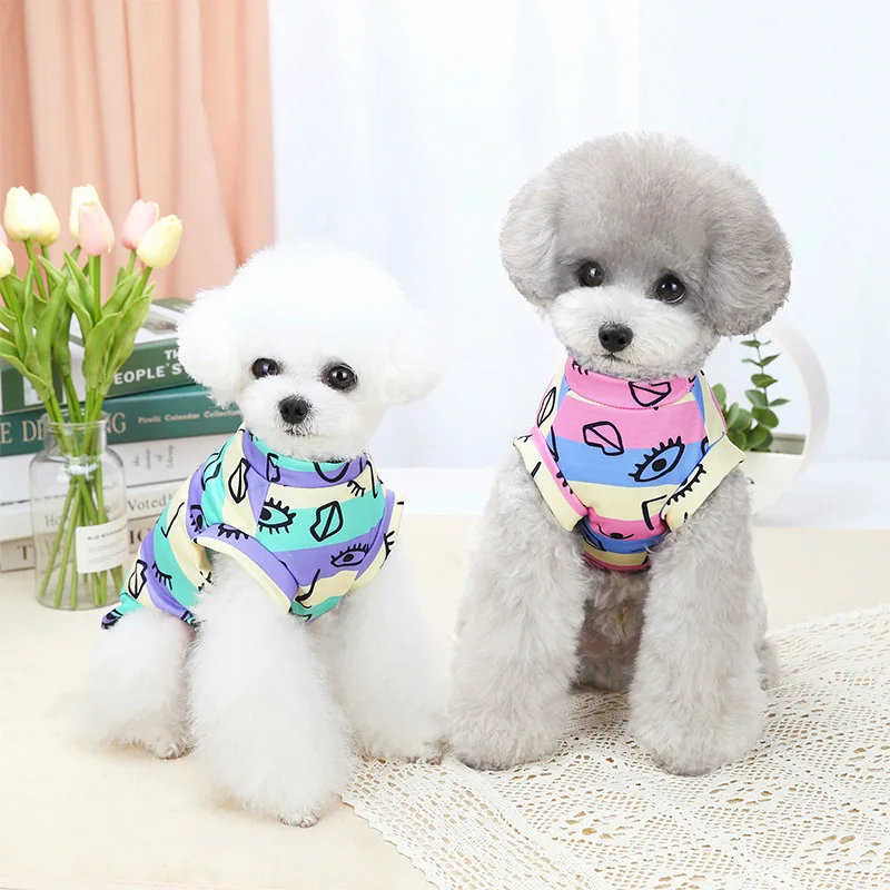 Dog T-shirt Pet Clothes Small and Medium-sized Dog Dresses with Graffiti Striped T-shirt for Spring and Summer Yorkshire Poodle