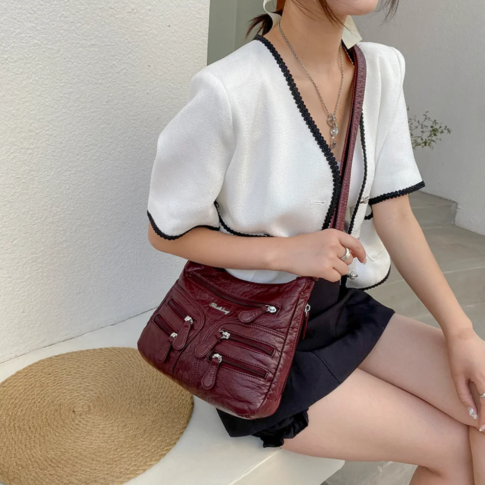 Multi-pocket Shoulder Bag Washed Super Soft Leather Handbag Purses Women Bag 2023 Trend Crossbody Bag Luxury Designer Female Sac