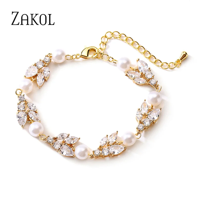 

ZAKOL Luxury Elegant Leaf Water Drop AAA Cubic Zirconia Bracelets for Women Shiny Imitation Pearls Wedding Engagement Jewelry