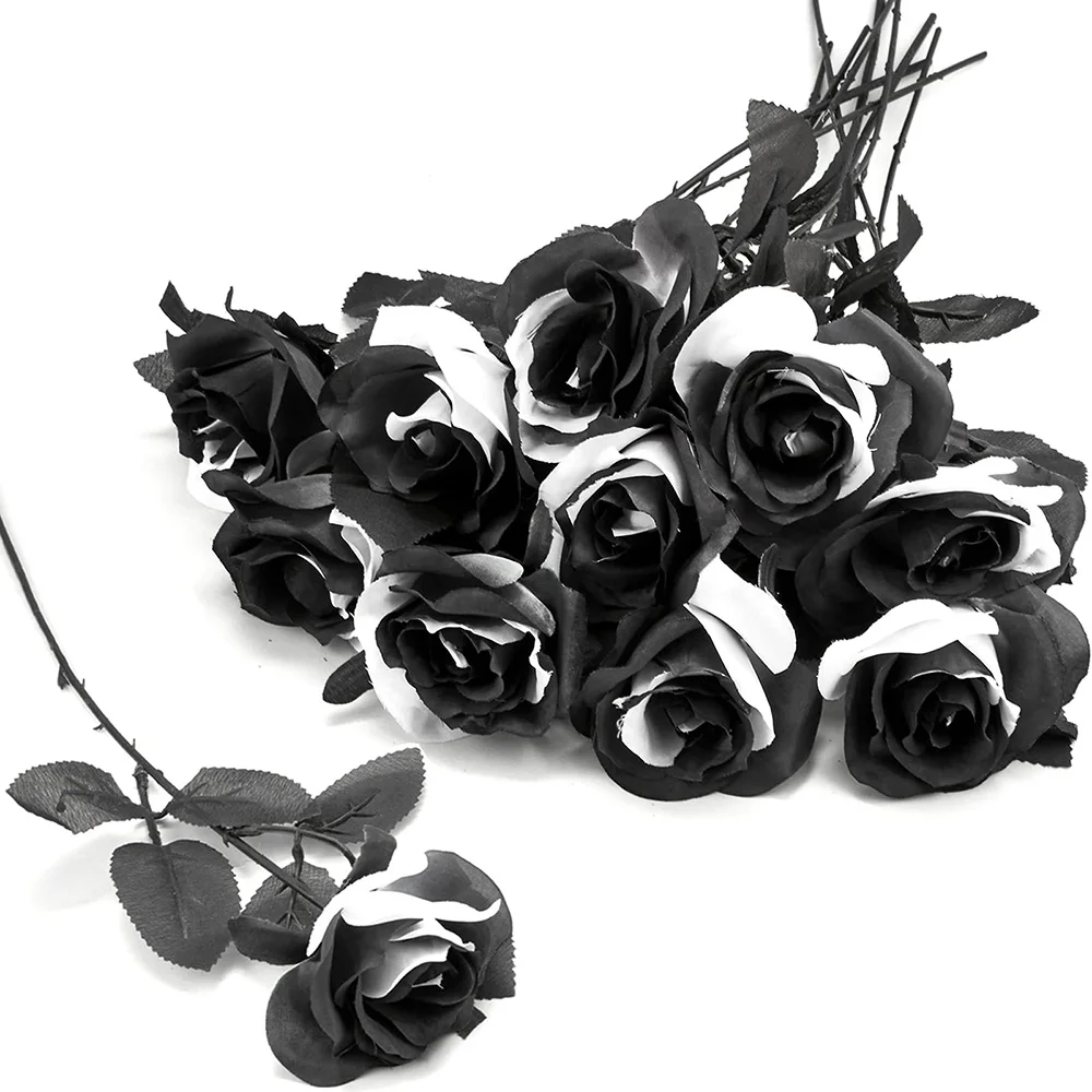 

5Pcs Black Roses Artificial Flowers Fake Silk Flowers Bridal Wedding Bouquet Blossom Flora Garden Hotel Office Halloween Decor