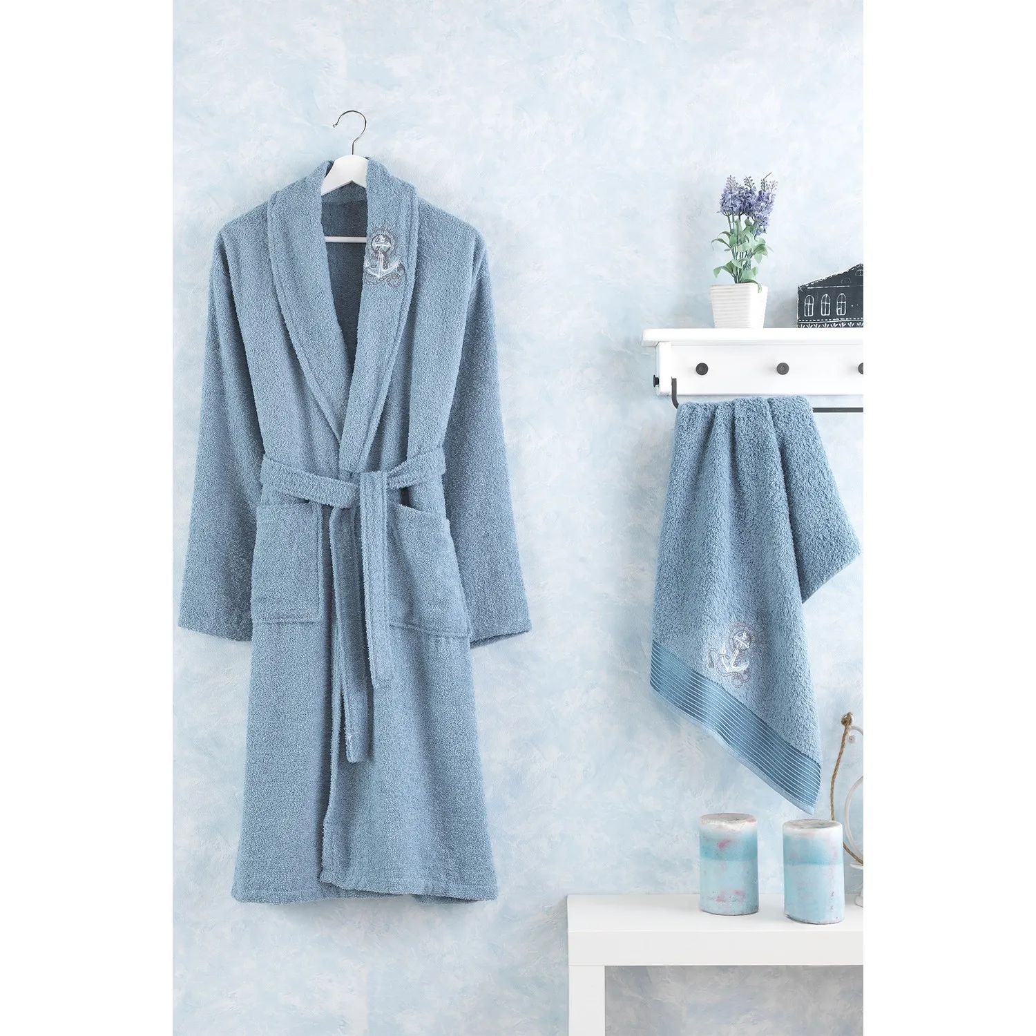 Özenev Gredel 2 Parça Male Bathrobe Set Indigo Casual Stylish Comfortable Design First Class Quality Water Absorbing Power Contemporary Design
