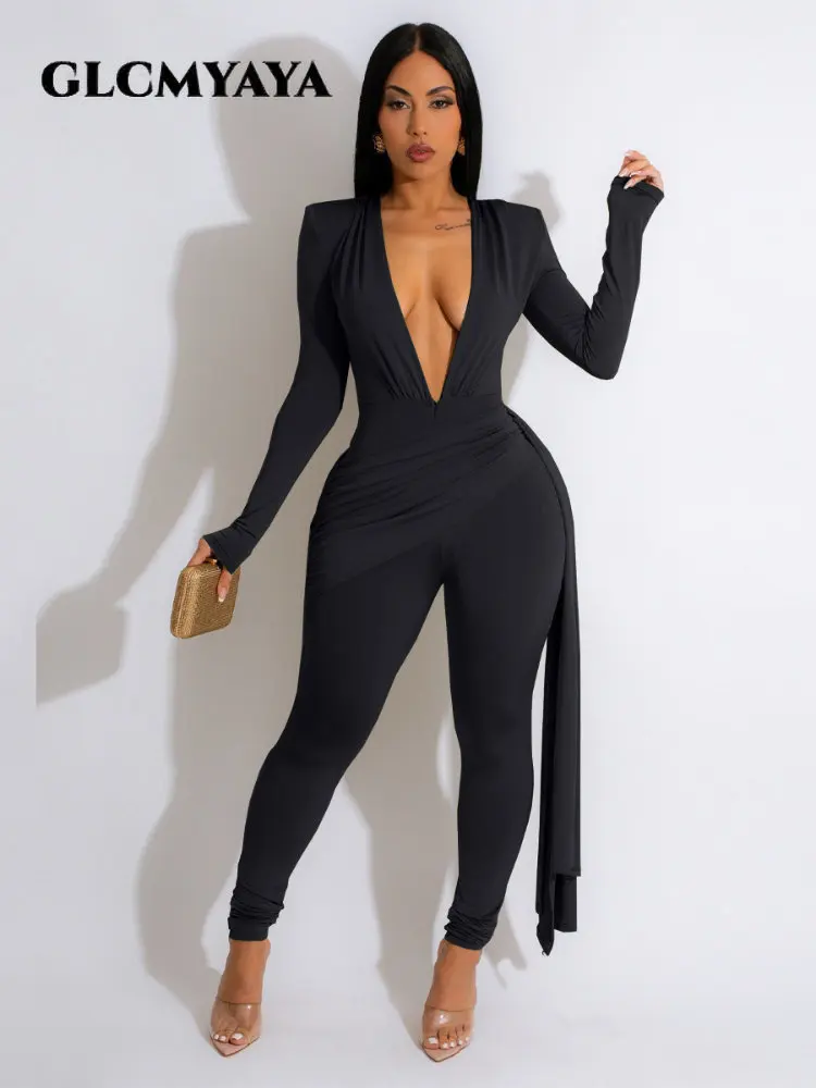 

GLCMYAYA Women Streamer Side Draped Zipper Fly Deep V-neck Long Sleeve Jumpsuit 2023 Sexy Party Evening Playsuit One Piece Suit