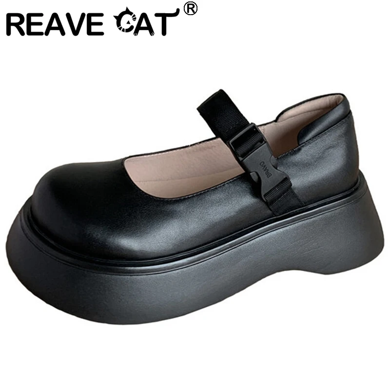 

REAVE CAT Women Shoes Pumps Platform Round Toe Full Grain Leather Buckle Strap Casual Size 33-40 Solid White Brown Spring S3420