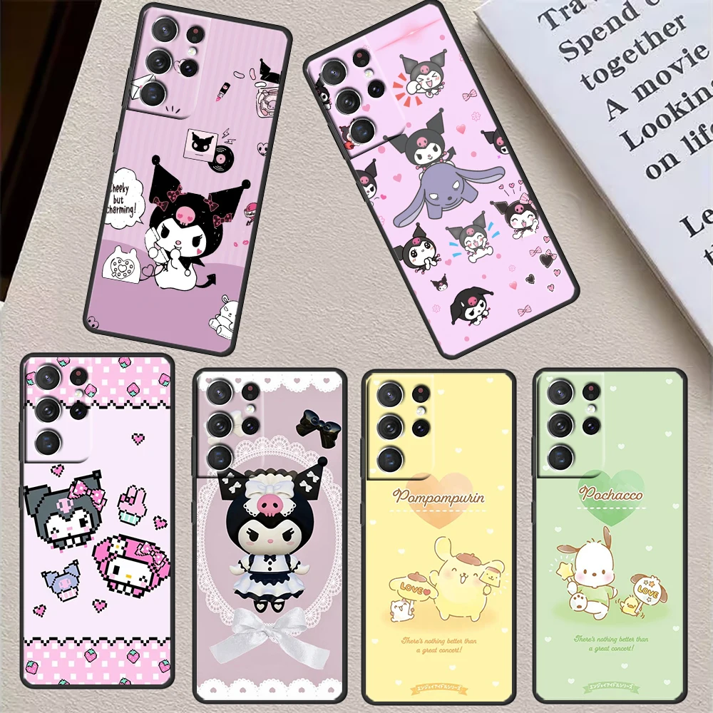 

Hello Kitty Cartoon Kuromi For Samsung S23 S22 S21 S20 FE Ultra Pro Lite S10 S10E S9 Plus 5G Soft Black Phone Case Cover