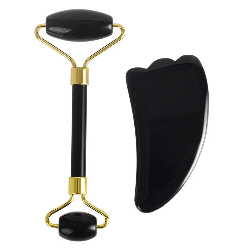 

Jade Roller And Gua Sha Tools Set Natural Black Obsidian Facial Massage Roller Guasha Board Jade Stone Face Lift Dropshipping