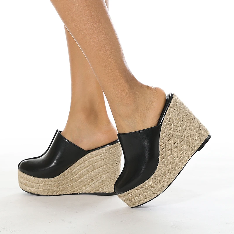 

ZOOKERLIN PU Leather Splicing Rattan Grass Weave Wedges Women's Slippers Platform 2022 Summer High Heels Slides Cane Mules Shoes