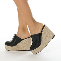 zookerlin pu leather splicing rattan grass weave wedges womens slippers platform 2022 summer high heels slides cane mules shoes