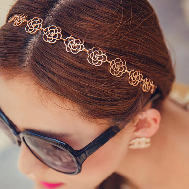

Golden Rose Flower Elastic Women Girls Hair Band Hollow Charming Headband Accessories