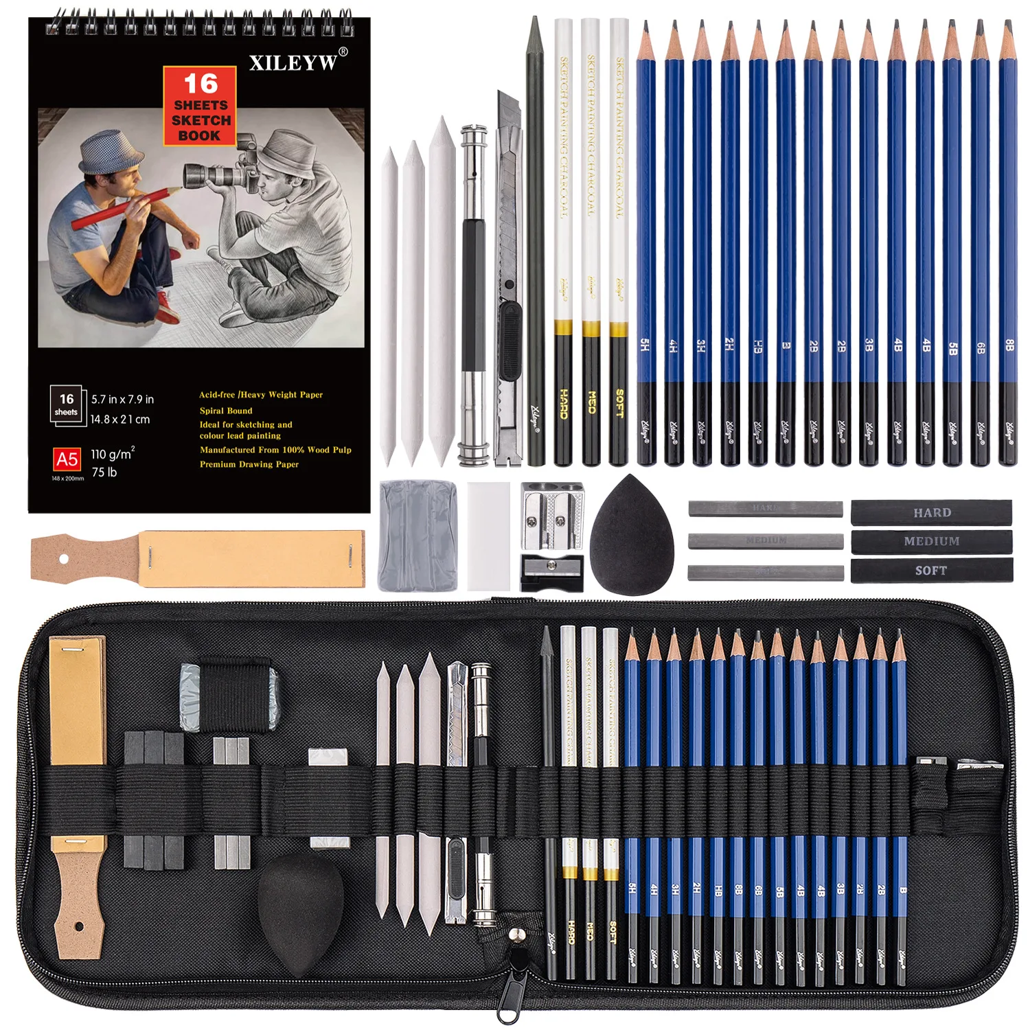 

37 Pieces Sketch Set Painting Pencil Set Charcoal Pen Sketchbook Highlight Paper Pen Plastic Eraser