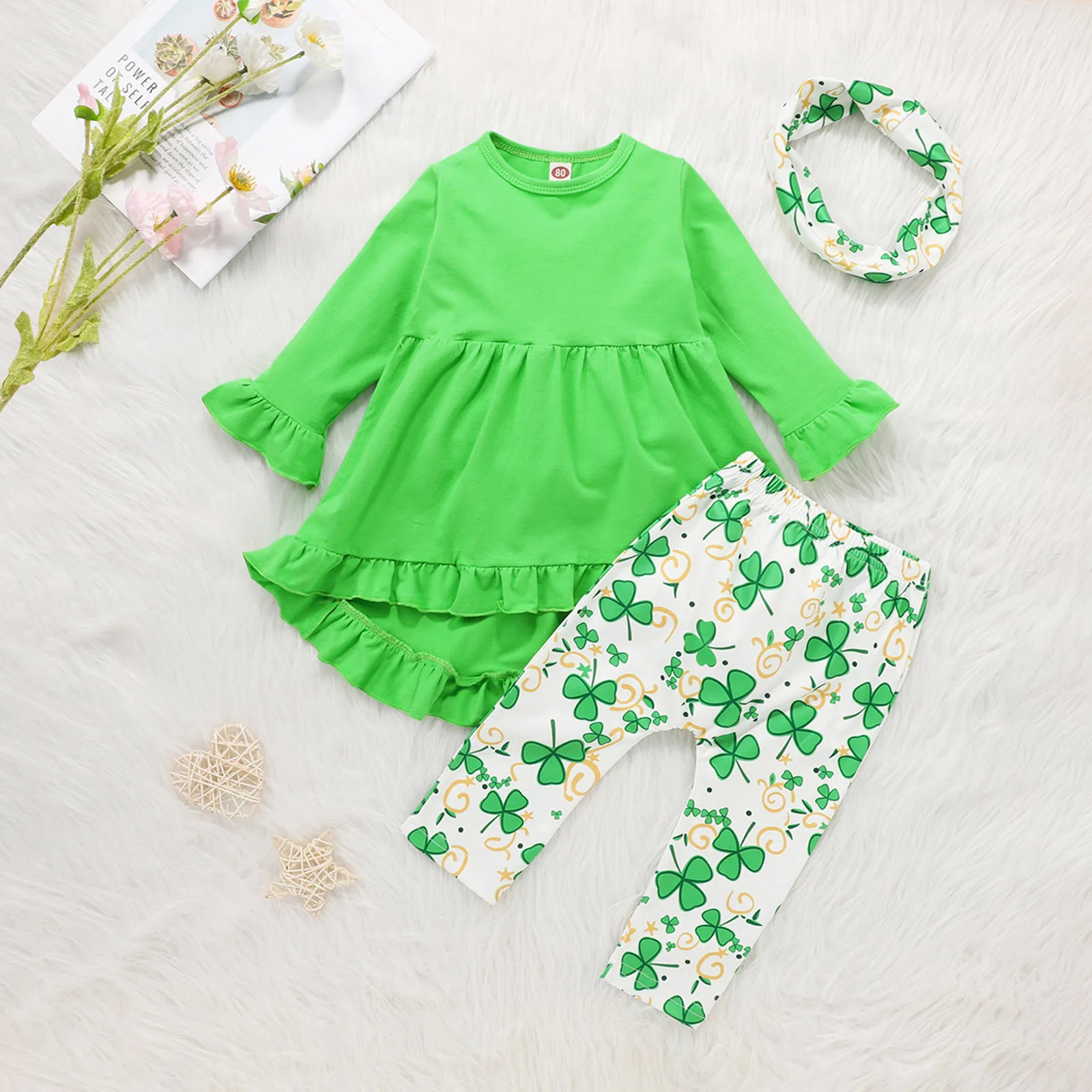 

St Patricks Day Girl Clothes Ruffled Baby Girl Dress Clover Print Pants Scarf Newborn Baby Girls Outits Set Kids Clothes Girls