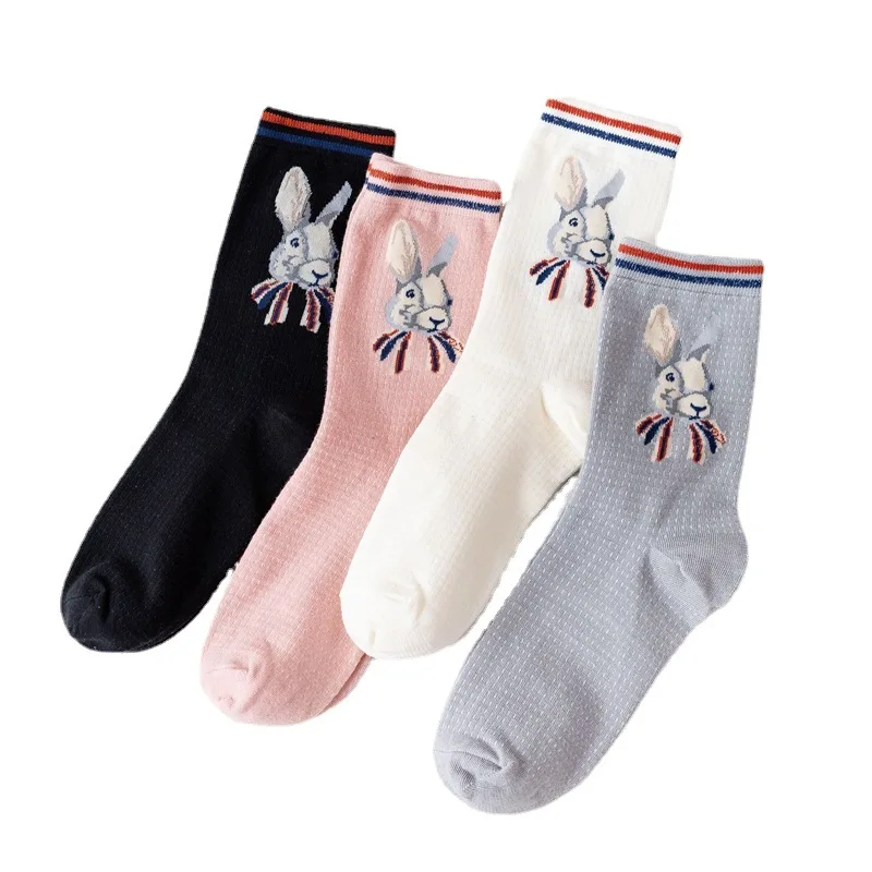 Vintage cute cartoon rabbit women's medium tube socks all-season universal kawaii round neck striped girl cotton socks