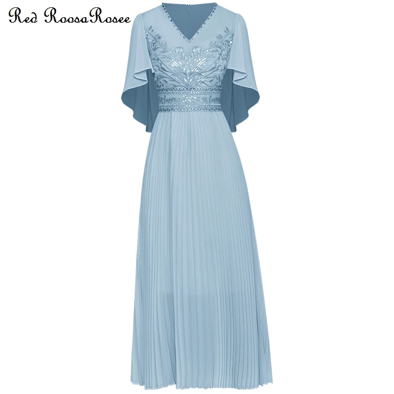 

Red RoosaRosee Luxury Embroidery Diamond Butterfly Sleeve Party Blue Green Dress Female Designer Summer 2022 Vestidos Robe Femme