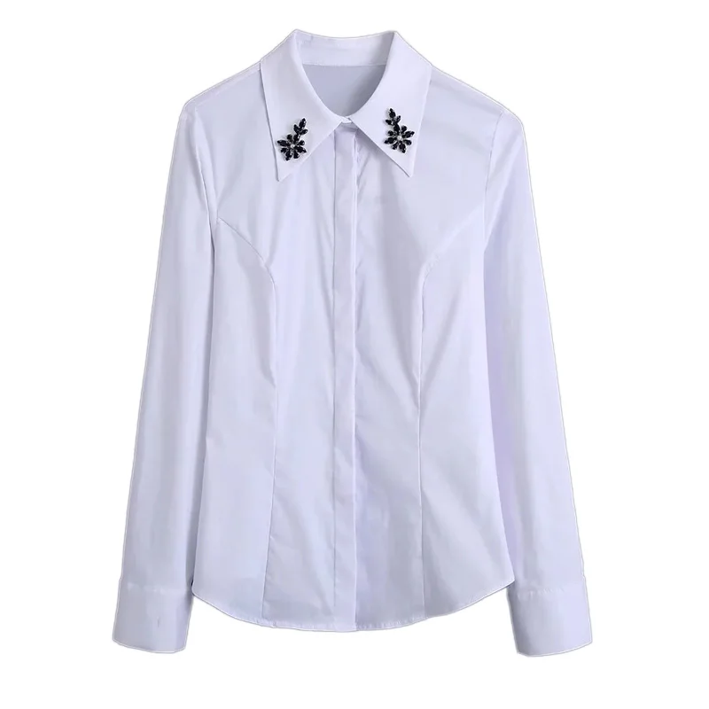 

XITIMEAO Women Fashion With Bejewelled Fitted Poplin Shirts Vintage Long Sleeve Button-up Female Blouses Blusas Chic Tops