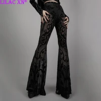 gothic lace black flared pants aesthetic sexy see though high waist long trousers y2k vintage patten hollow out grunge pants