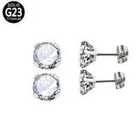 astm f136 titanium high polished prong set round cz earring stud piercing earrings studs earlobe 3 5mm zirconia ear ring jewelry