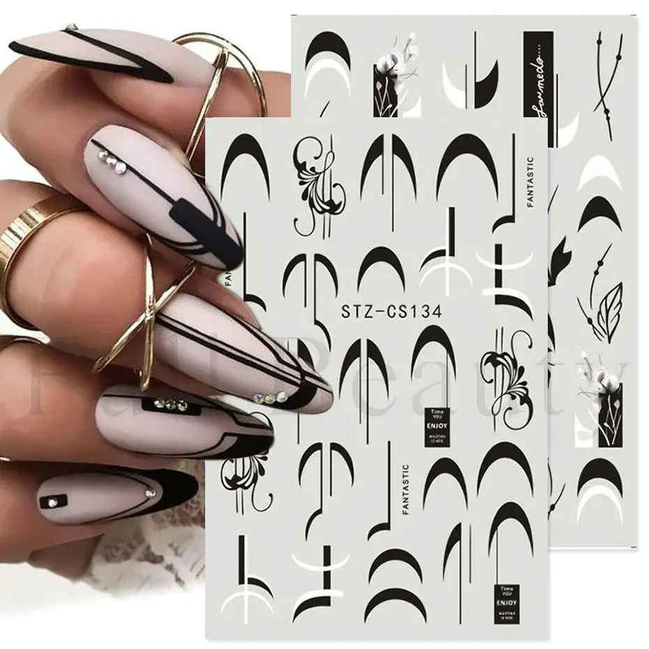 

3D геометрические полоски наклейки для ногтей черно-белая Французская линия граффити Снежинка цветок лист слайдер Маникюр украшение SASTZ-CS134