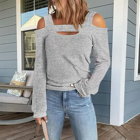 Trendy Anti-Pilling Loose Fit Office Ladies Elegant Cold Shoulder Blouse Female Clothing Women Blouse Autumn Pullover