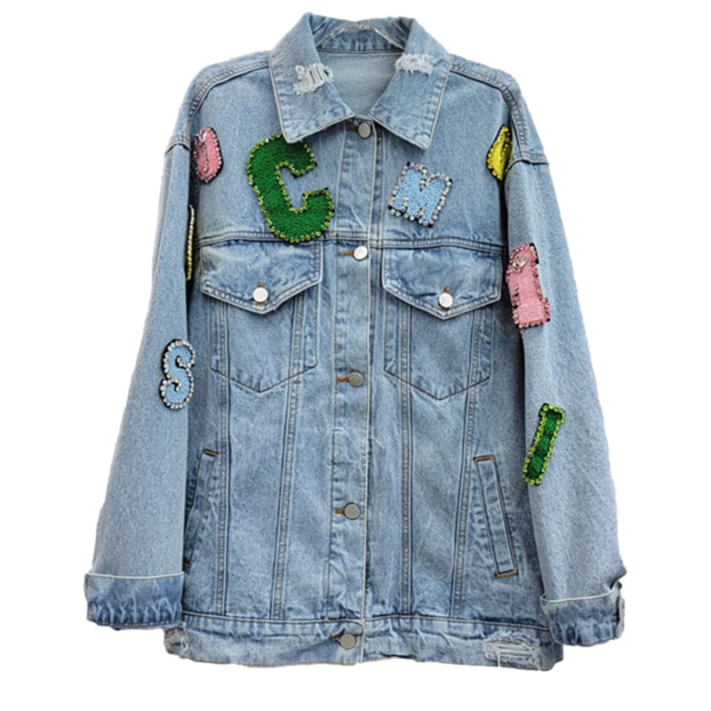 

Korean Patch Design Denim Jacket Women Spring New Vintage Wash Blue Loose Mid Long Outerwear Big Pocket Jeans Jacket Coat Female