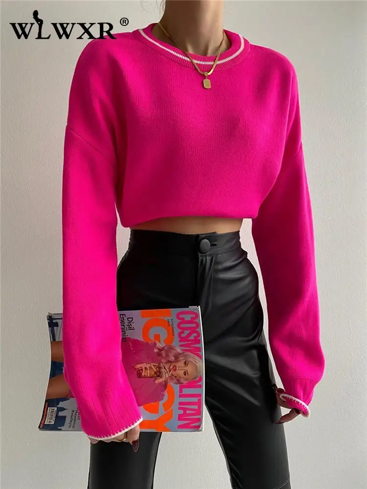 

WLWXR Осенняя мода уличная одежда свободные ребристые толстовки для женщин 2022 пуловер с круглым вырезом и длинным рукавом облегающий белый же...