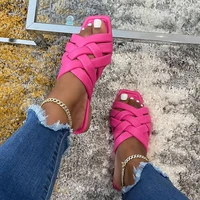 cross woven slides women pure color square head flat slippers summer outdoor casual vacation beach shoes new indoor home sandals