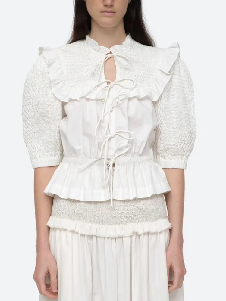 

Женская винтажная блузка с оборками, элегантная белая плиссированная блузка во французском стиле с круглым вырезом и короткими рукавами-фонариками на шнуровке, новинка 2023