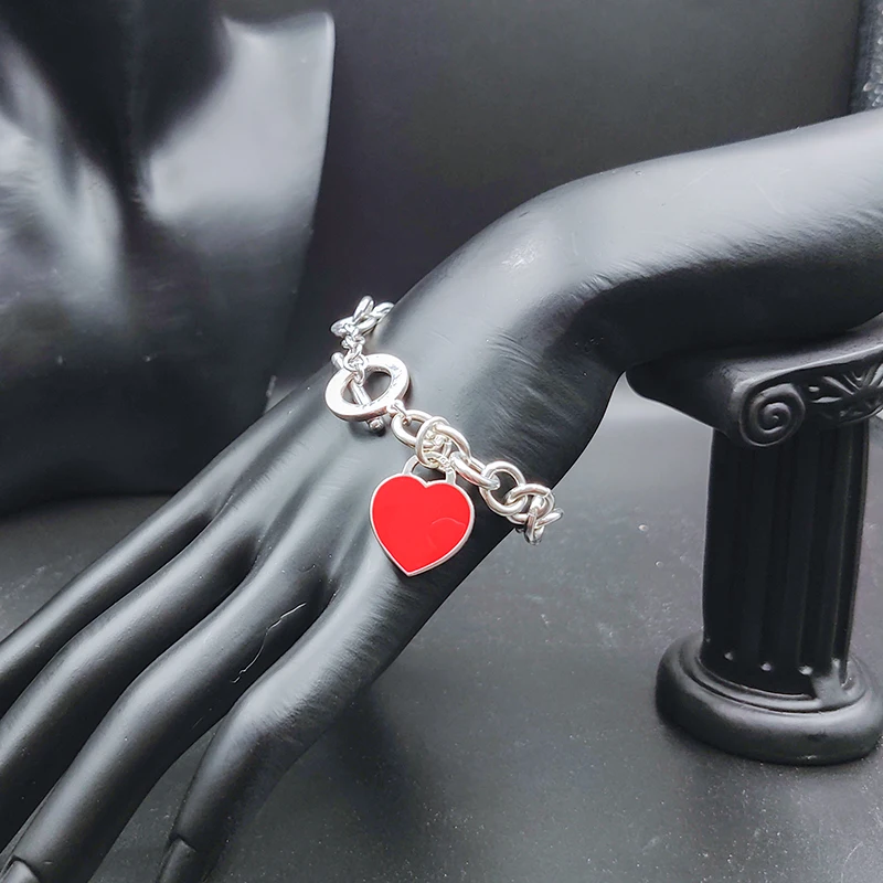

925 Sterling Silver Bracelet Personalized Women's T-Buckle Chain Enamel Heart Pendant High-End Jewelry Brand Woman's Gift