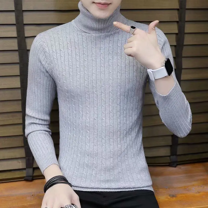 Various Colors Thick Casual Versatile Turtleneck Male Pullovers Fried Dough Twist Stripe Knitting Sweaters High Elasticity Slim