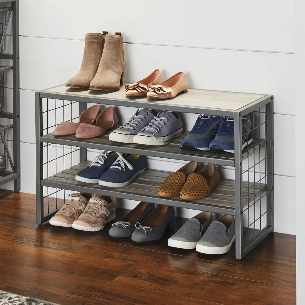 

Farmhouse 3 Tiers,12-Compartment Garment Shoe Rack wood, Gray s Cabinet Storage Organiser