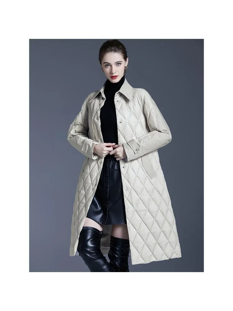 Europe 2022 Winter Fashion Long Lace Up Plaid Lattice Thin 90 White Duck Down Coats Women Black Single Breasted Warm Jackets