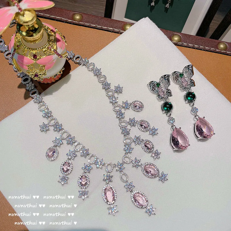 

Princess Pink Water Drop Gem Necklace 18K Gold Plating Zircon Chandelier Tassel Necklace Earrings Set goth cubana