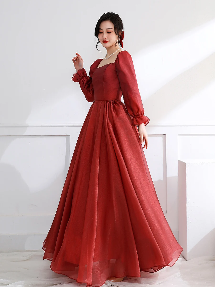 

Elegant Simple Women Evening Dresses For Wedding Party Square Neck A-Line Floor-Length Wine Red Long Sleeves Prom Gowns 2022