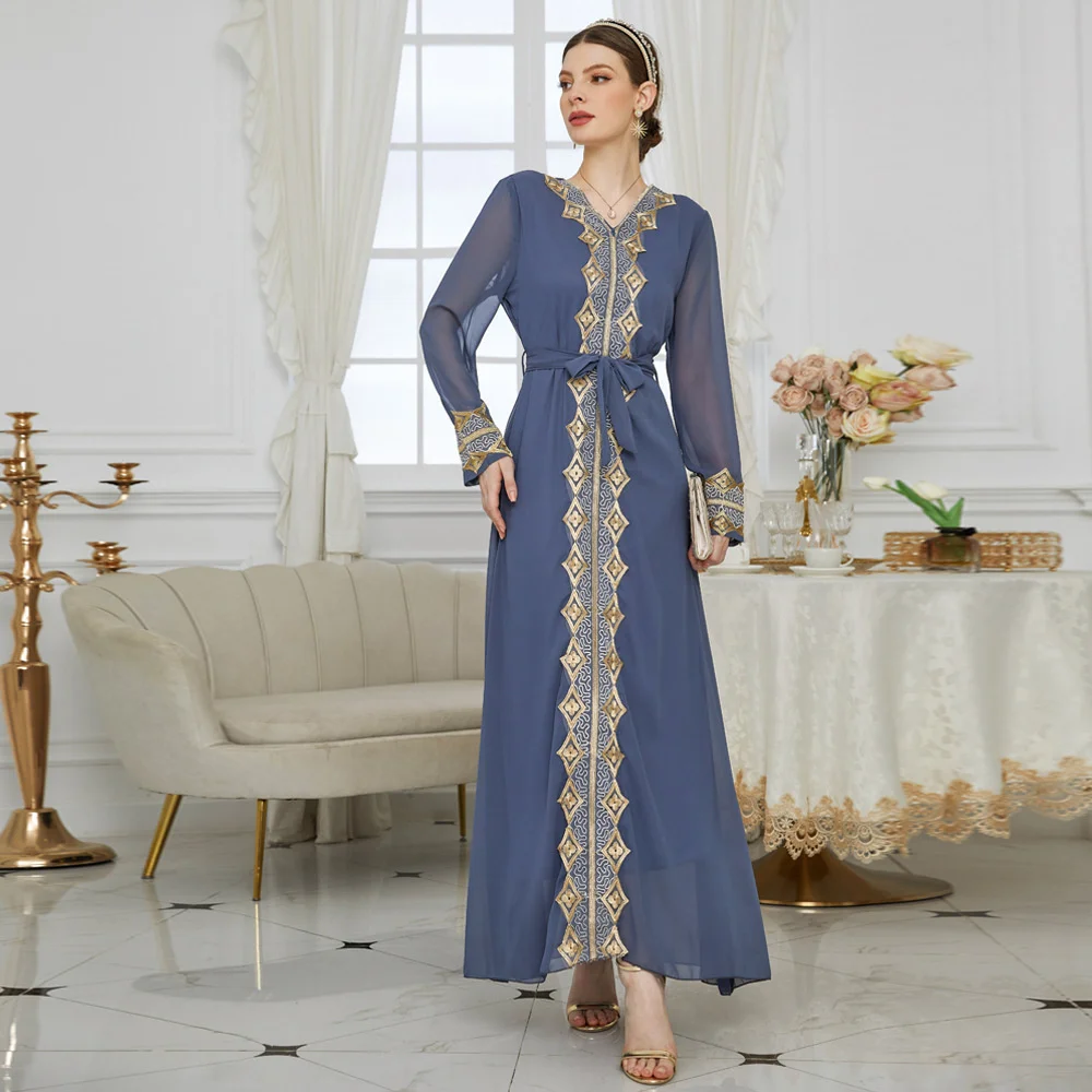 

Women's Arab Winter Autumn Evening Party Dress Embroidered Lace Splice Chiffon Dresses Arab Ukraine Vestidos Fashion Clothing