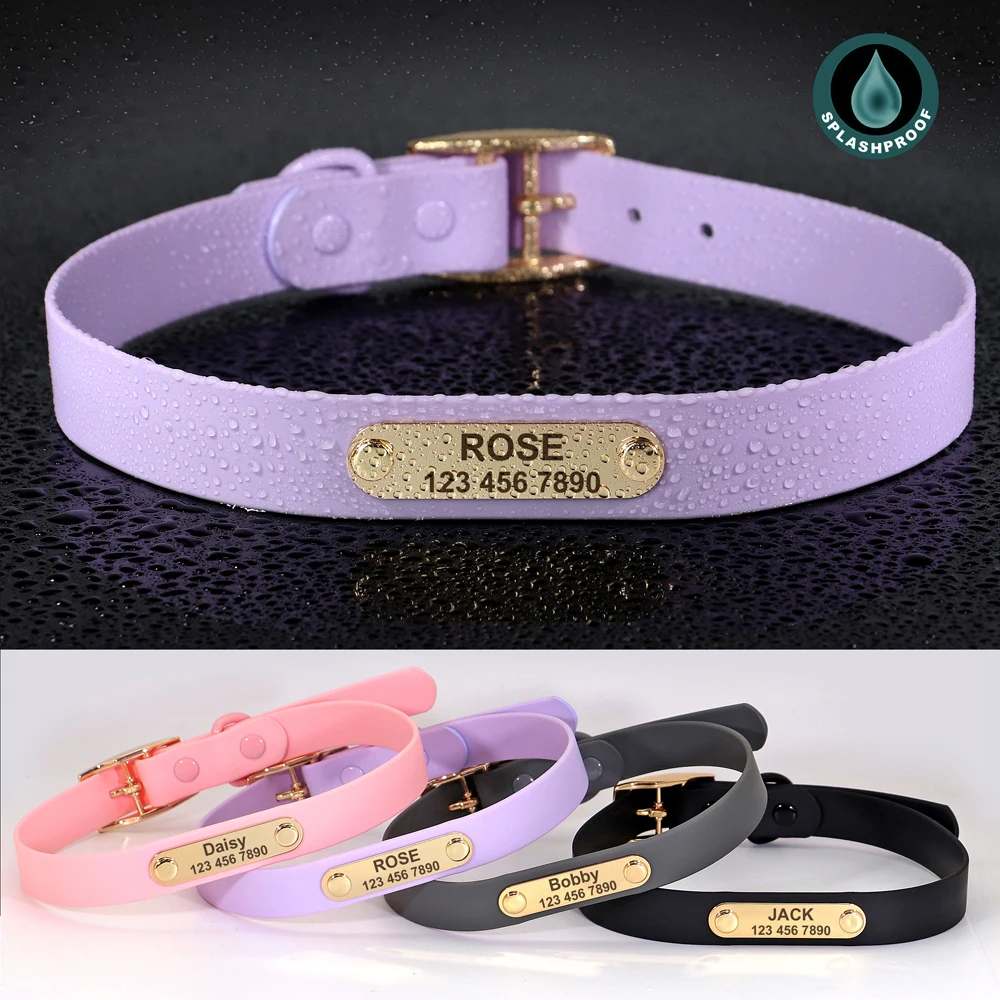 

Personalized Dog Collar Soft PVC Waterproof Pet Collars Cat Necklace Customized ID Name For Small Medium Large Dogs Cats Pug