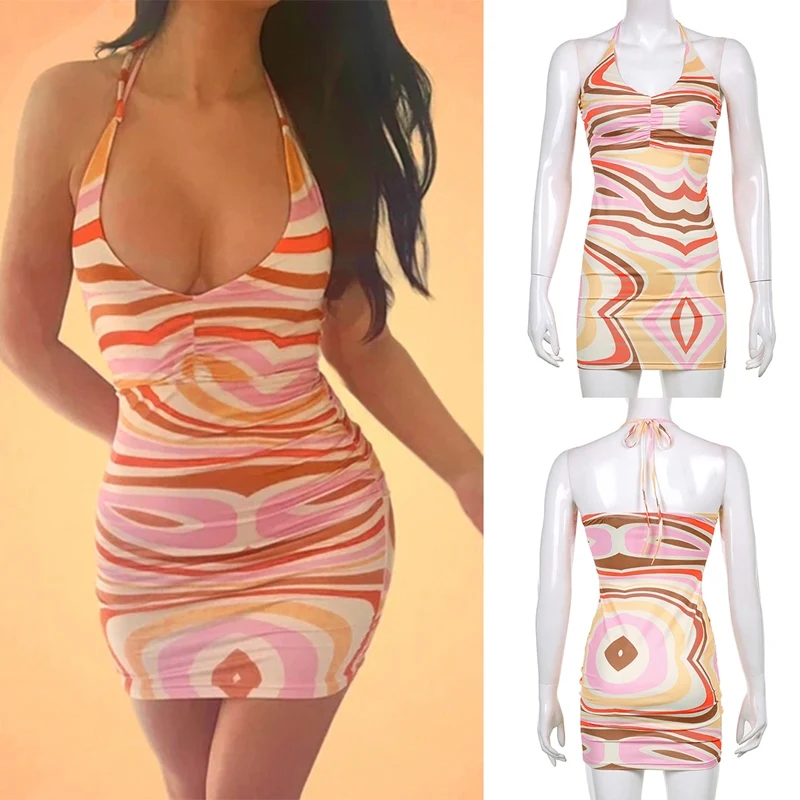 

Print Y2K Mini Dresses Women Aesthetic Backless Halter Slinky Summer Dress Party Korean Cute Outfits