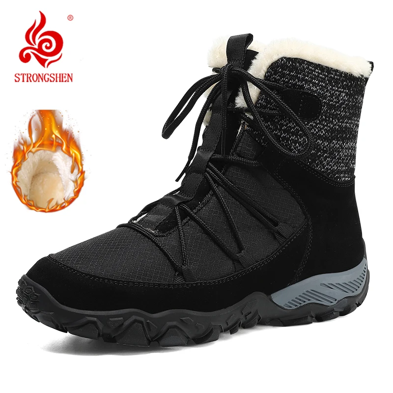 

STRONGSHEN Winter Men Snow Boots Warm Outdoor Hiking Boots High Quality Mid-Calf Non-Slip Lace Up Ankle Boots Botas Hombre