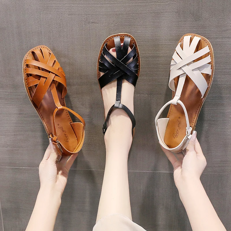 

Female Sandal Clear Heels Cross-Shoes Breathable 2022 Summer Girls Low Retro Beige Comfort Closed Flat Fashion Rubber PU Scanda