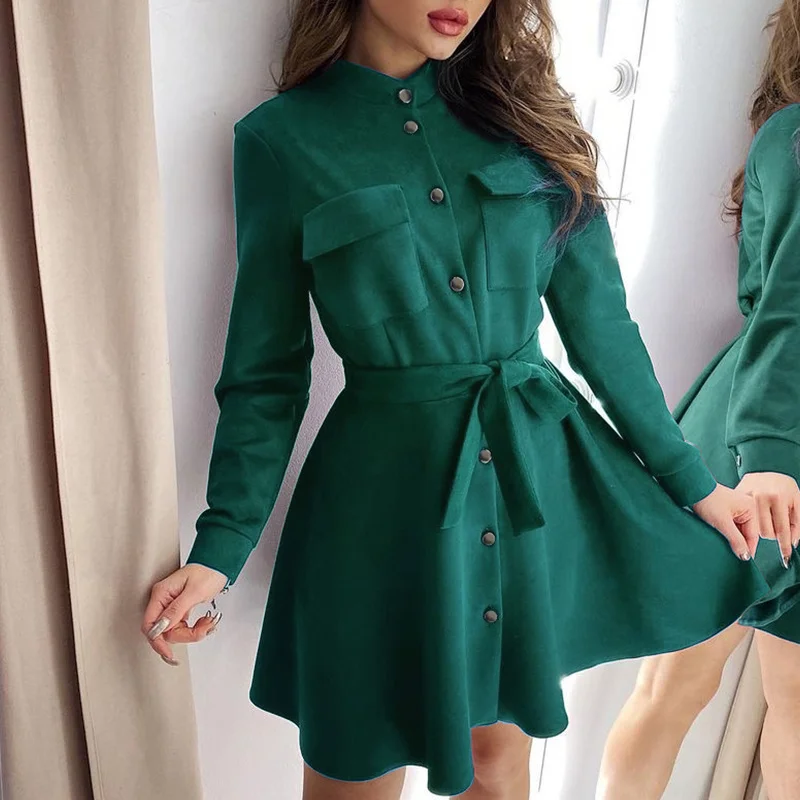 

Autumn Winter Long-sleeved Women Shirt Dress 2022 Fashion Stand-up Neck Single-breasted Lace-up Solid Slim Princess Dress Womenn